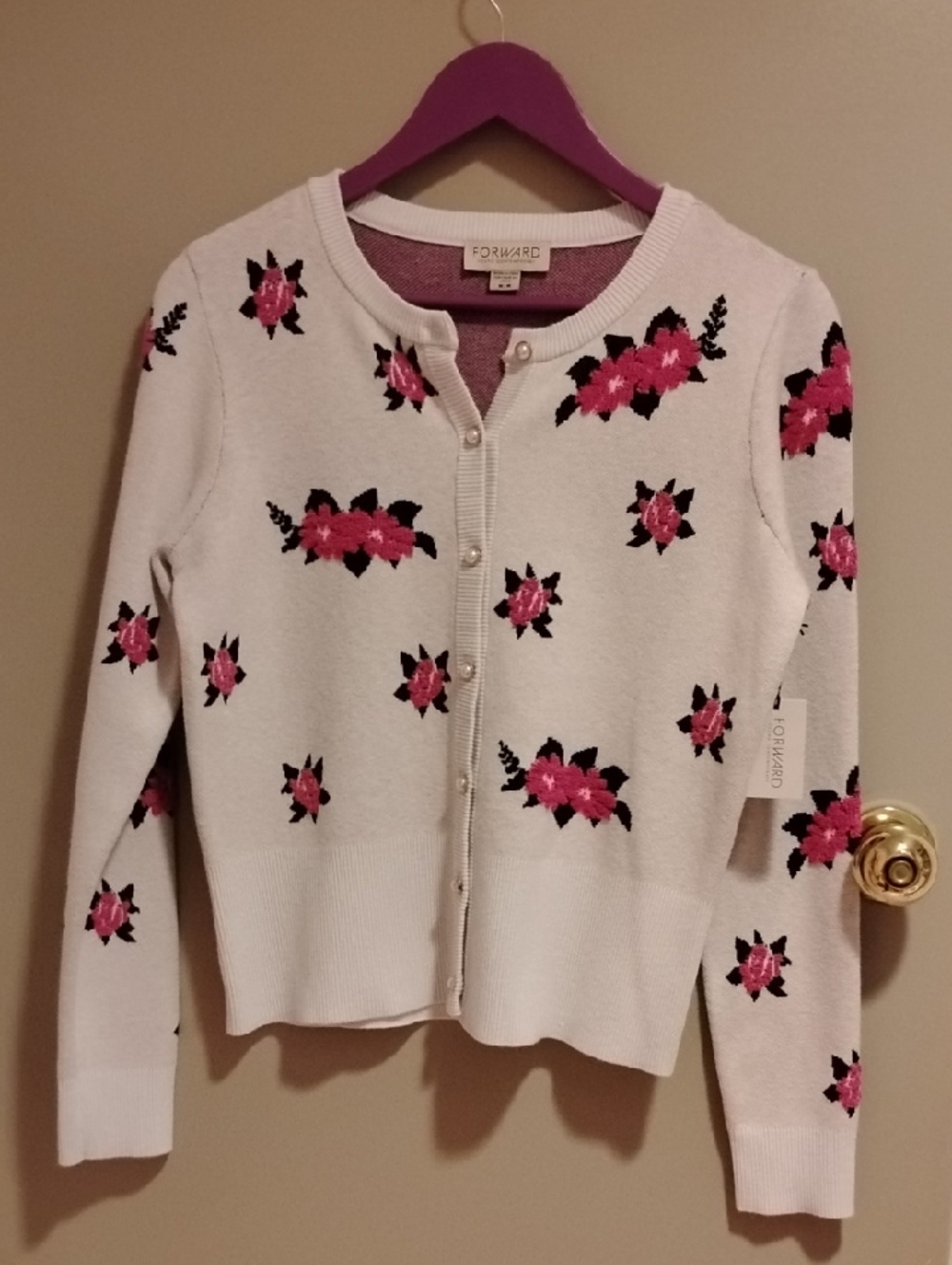 Light Cream Floral Cardigan with Pink Flower Embroidery